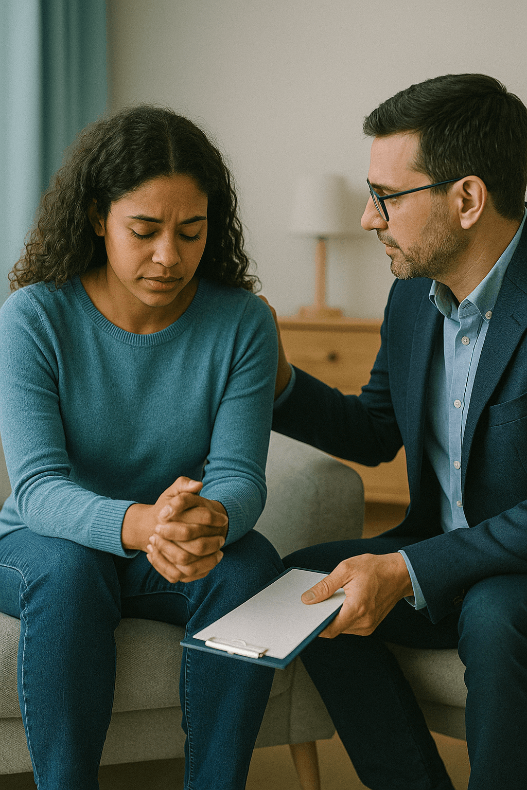 Moça sendo atendida de forma acolhedora por psicólogo